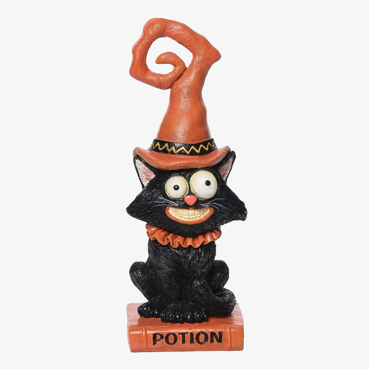 Halloween Black Cat With Orange Witch Hat Figurine