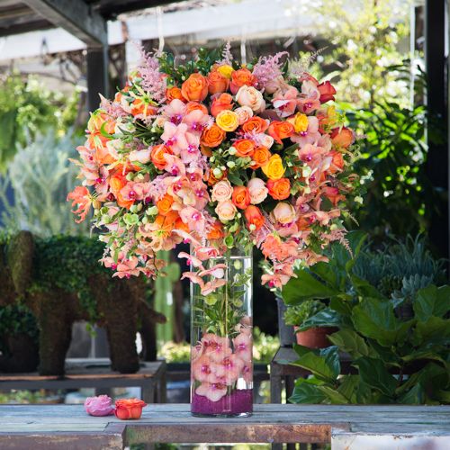 Orchids, Orange, Yellow and Peach Roses- Empty Vase Floral Arrangement