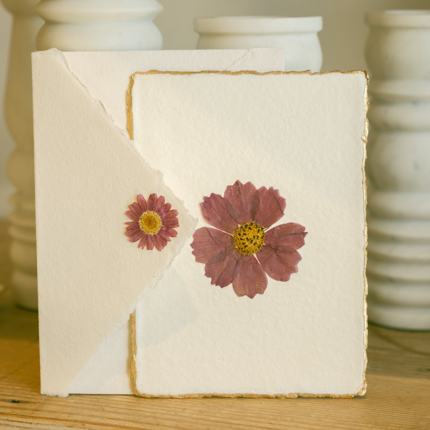 Empty Vase - Handmade Pressed Flower Holiday Postcard - Gold Trim