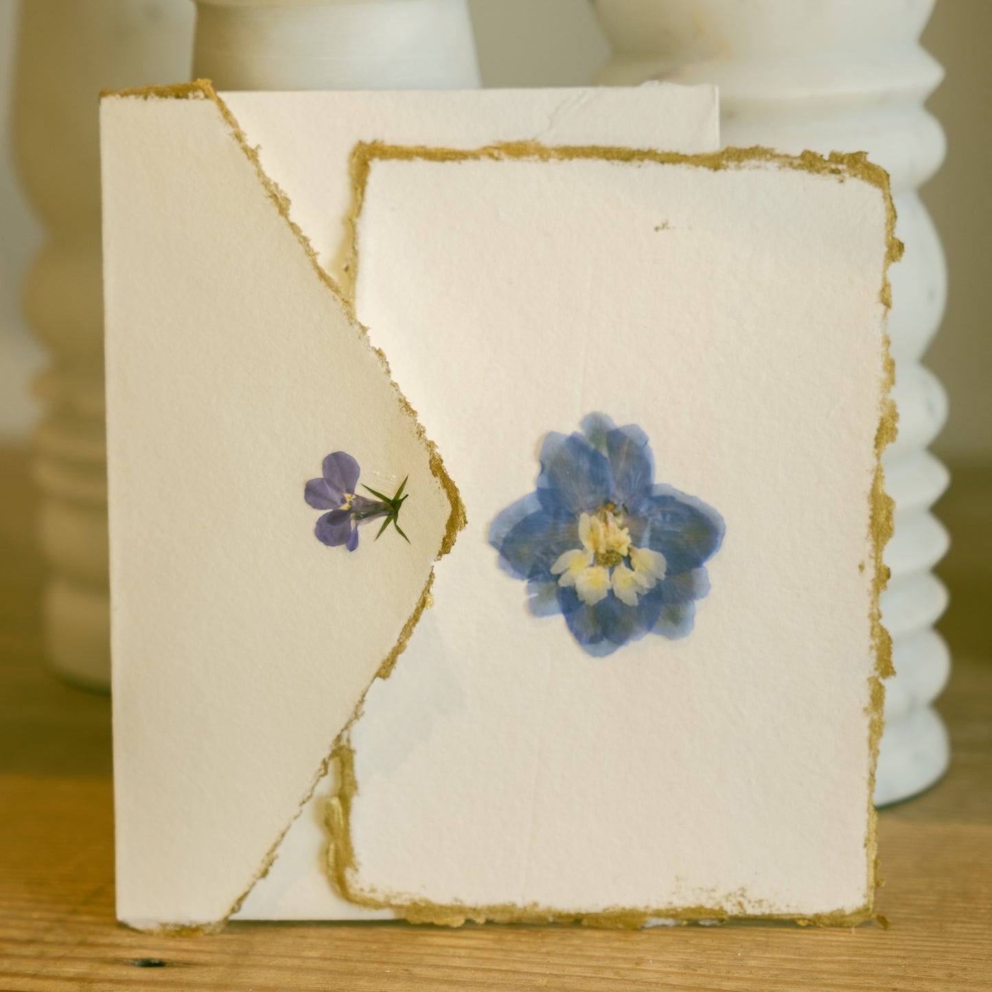 Empty Vase - Handmade Pressed Flower Holiday Postcard - Gold Trim