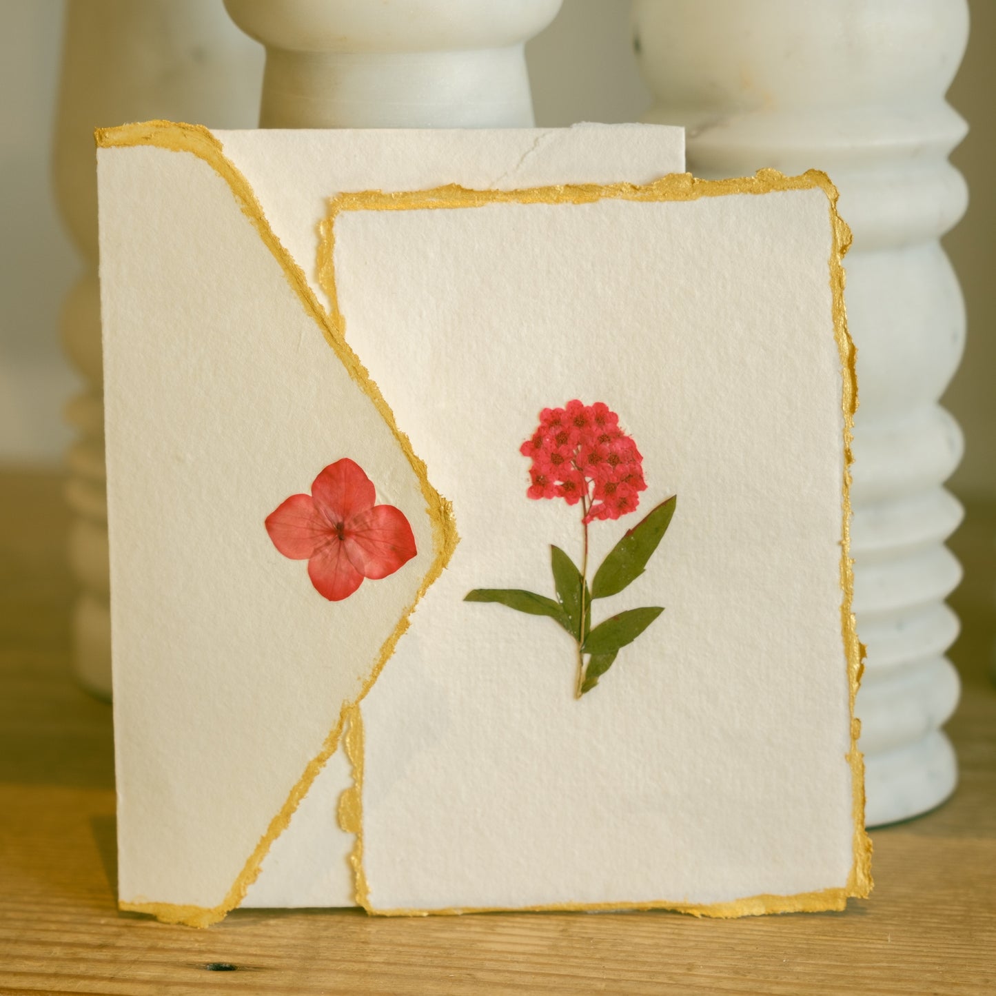 Empty Vase - Handmade Pressed Flower Holiday Postcard - Gold Trim