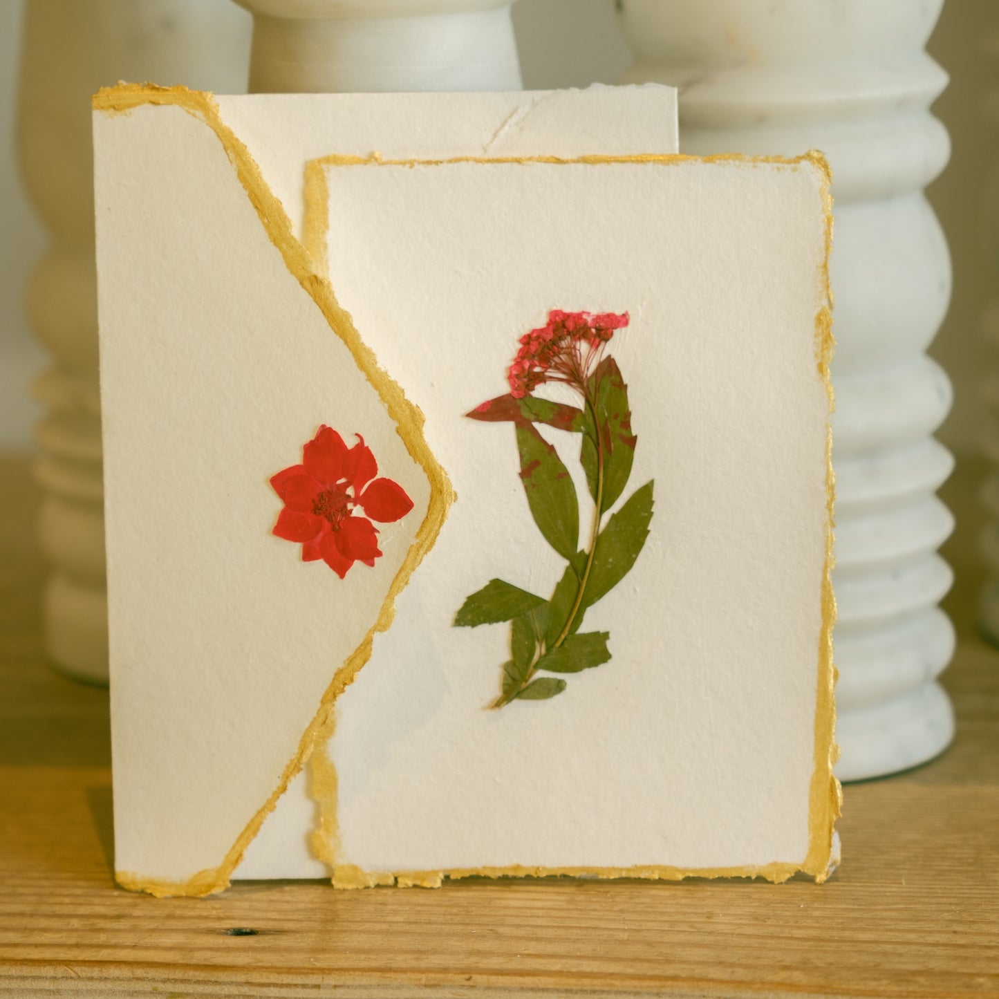 Empty Vase - Handmade Pressed Flower Holiday Postcard - Gold Trim