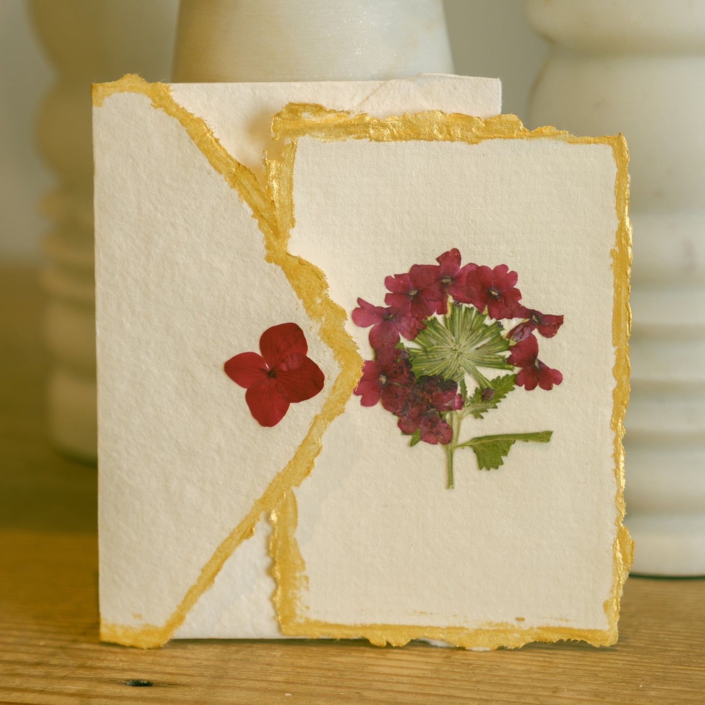 Empty Vase - Handmade Pressed Flower Holiday Postcard - Gold Trim