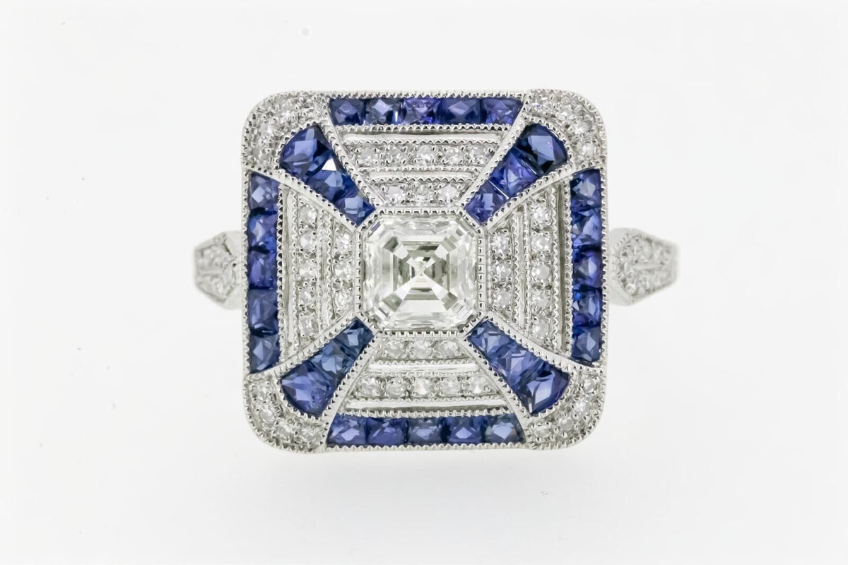 Art Deco Inspired Asscher Cut Diamond Sapphire Platinum Ring
