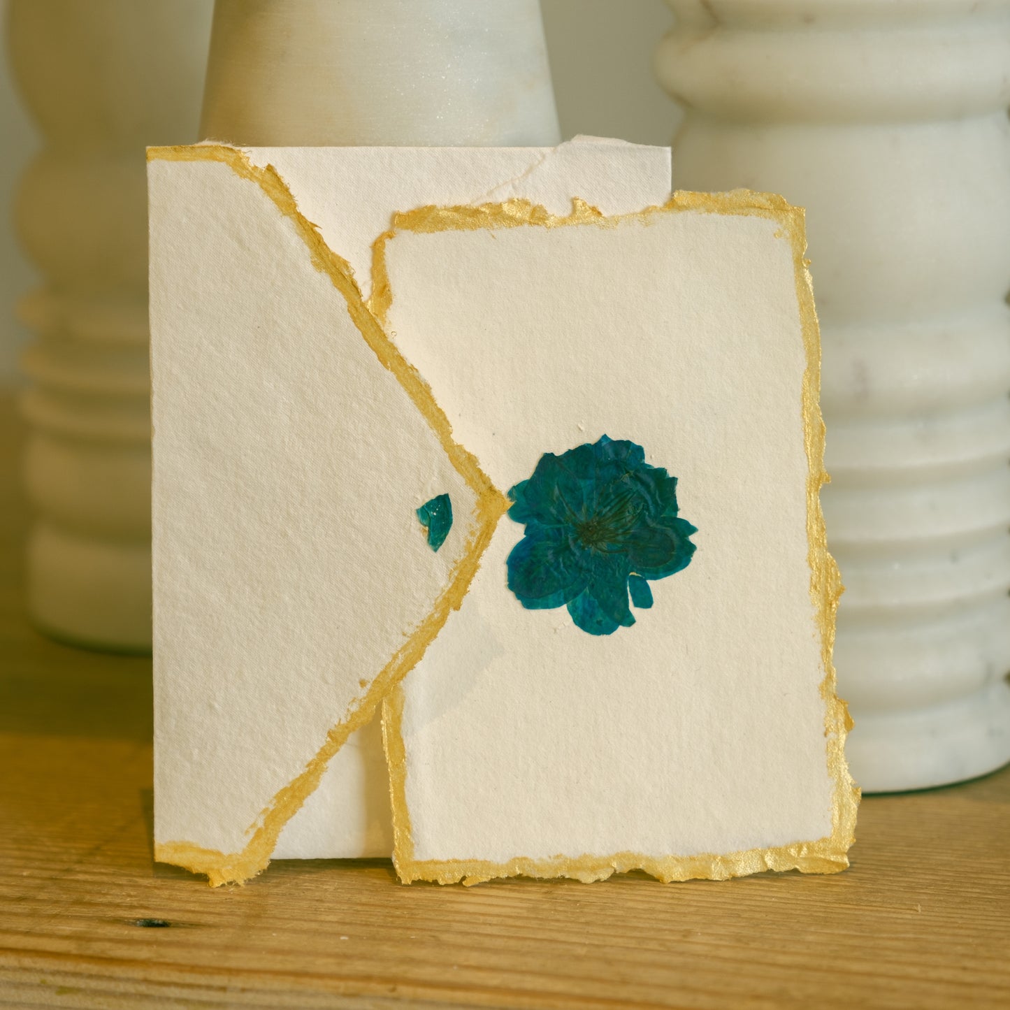 Empty Vase - Handmade Pressed Flower Holiday Postcard - Gold Trim