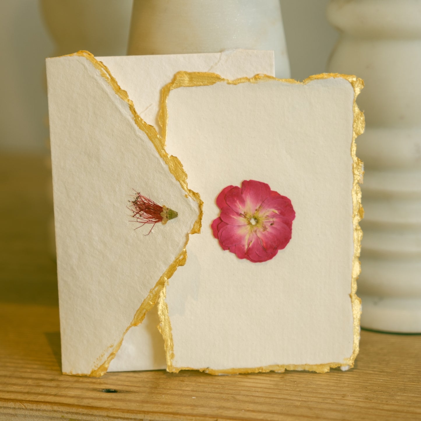 Empty Vase - Handmade Pressed Flower Holiday Postcard - Gold Trim