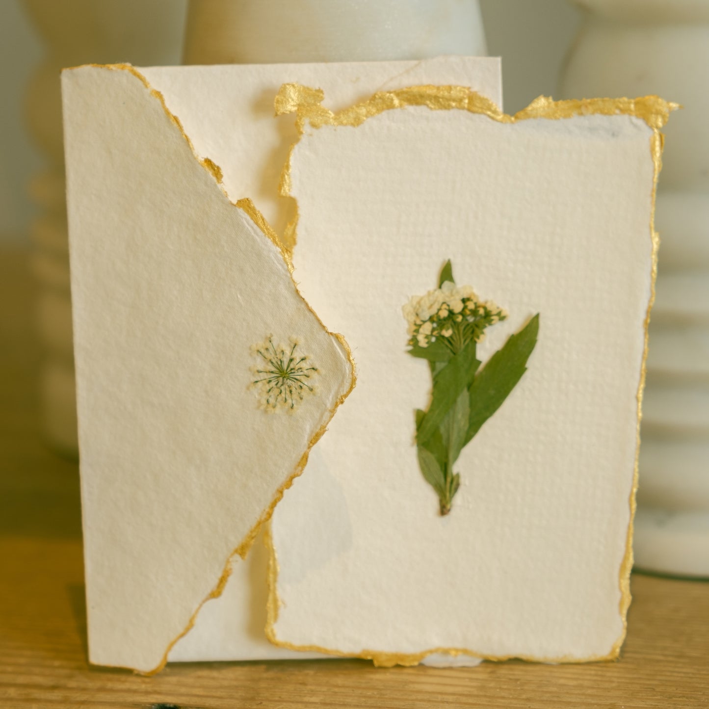 Empty Vase - Handmade Pressed Flower Holiday Postcard - Gold Trim