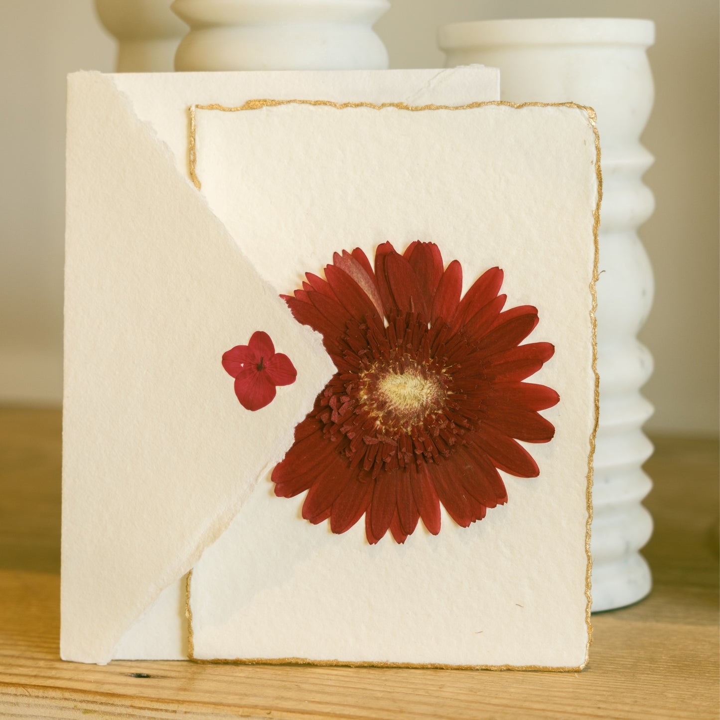 Empty Vase - Handmade Pressed Flower Holiday Postcard - Gold Trim