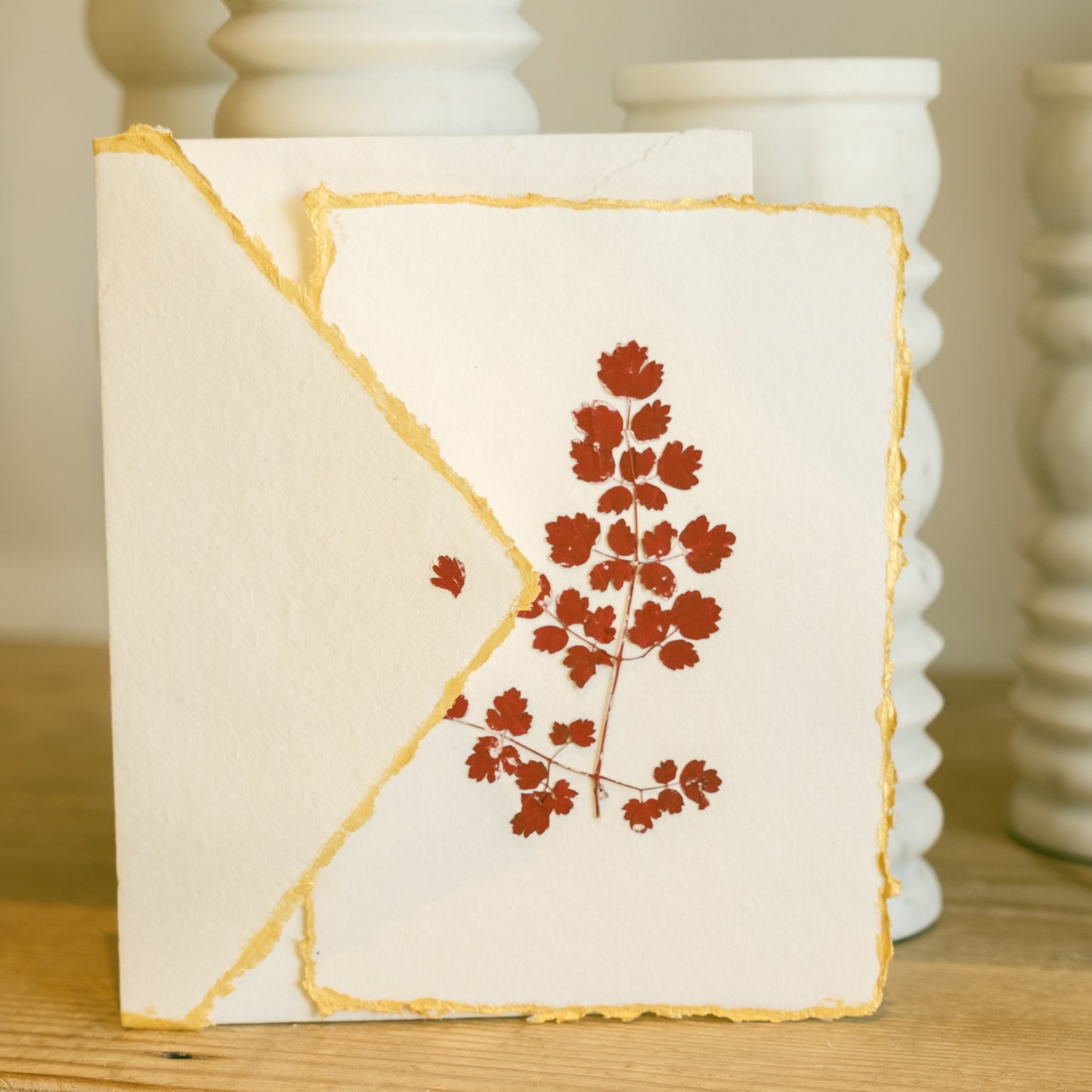 Empty Vase - Handmade Pressed Flower Holiday Postcard - Gold Trim