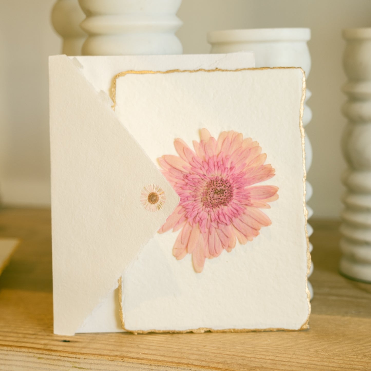Empty Vase - Handmade Pressed Flower Holiday Postcard - Gold Trim