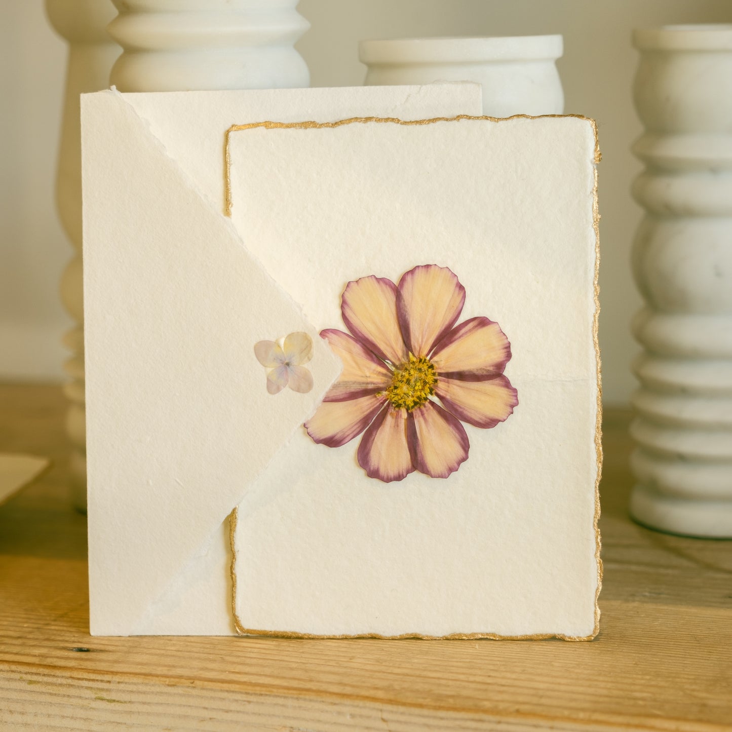 Empty Vase - Handmade Pressed Flower Holiday Postcard - Gold Trim