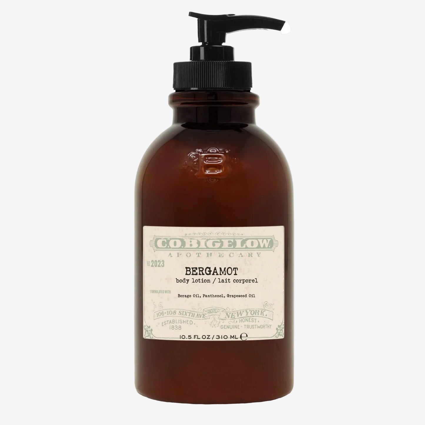 Brown bottle of bergamot body lotion with pump and label on a white background