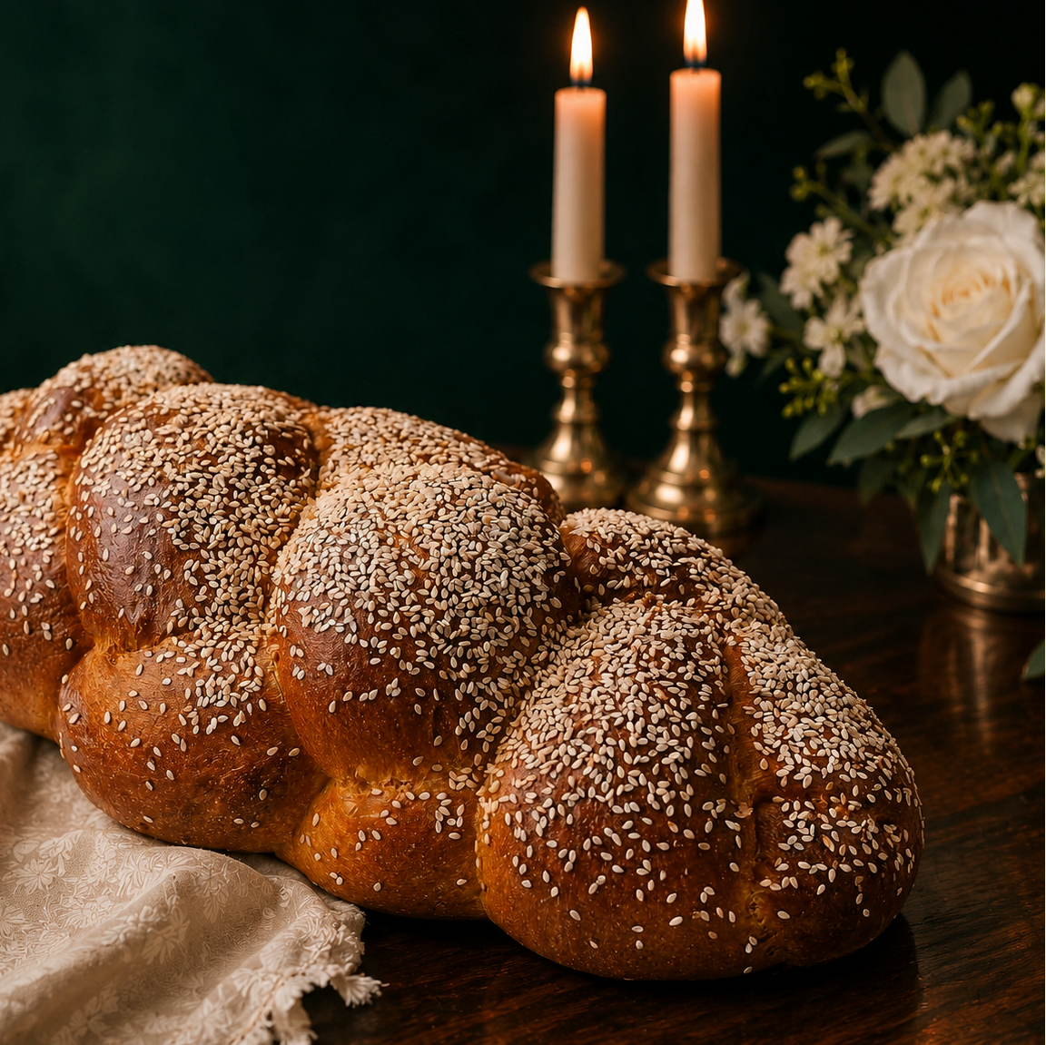 Braided challah bread topped with sesame seeds, displayed on a dark wooden table with a beige cloth, lit candles, and white flowers in the background.