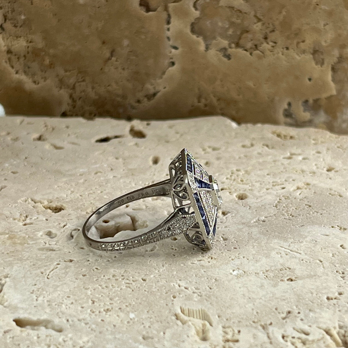 Art Deco Inspired Asscher Cut Diamond Sapphire Platinum Ring