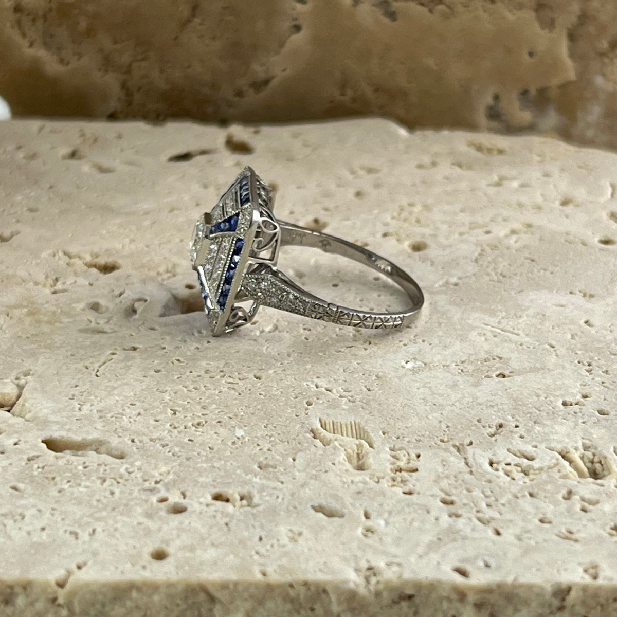 Art Deco Inspired Asscher Cut Diamond Sapphire Platinum Ring