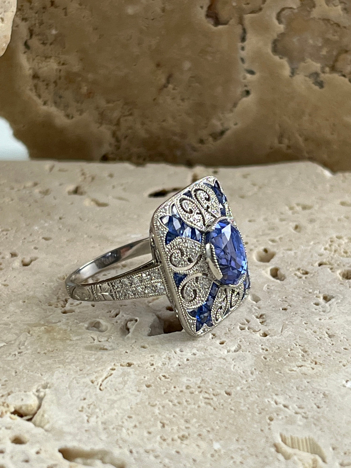 Art Deco Inspired Sapphire Diamond Platinum Ring