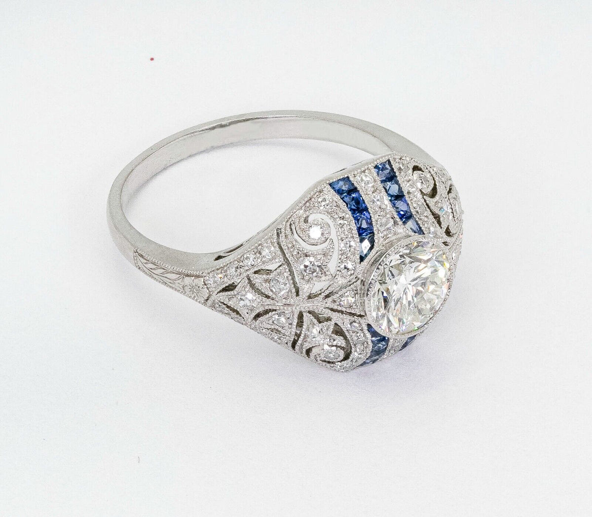 Diamond Blue Sapphire Art Deco Platinum Engagement Ring 1.30 CTW