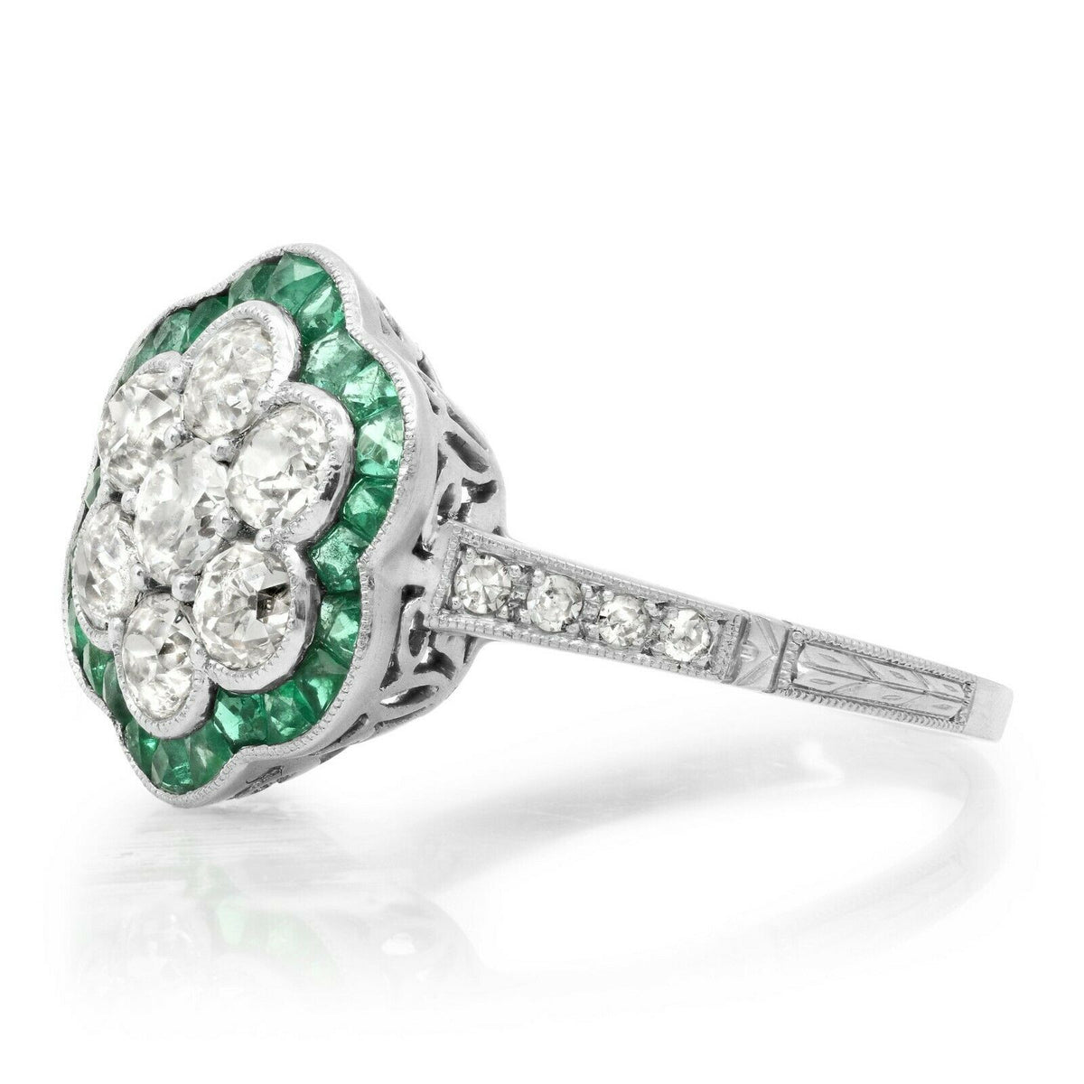 Platinum Diamond Flower Emerald Ring Cocktail Art Deco Certified Natural
