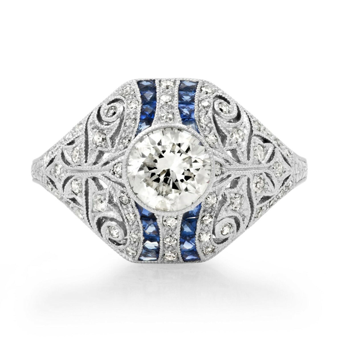 Diamond Blue Sapphire Art Deco Platinum Engagement Ring 1.30 CTW