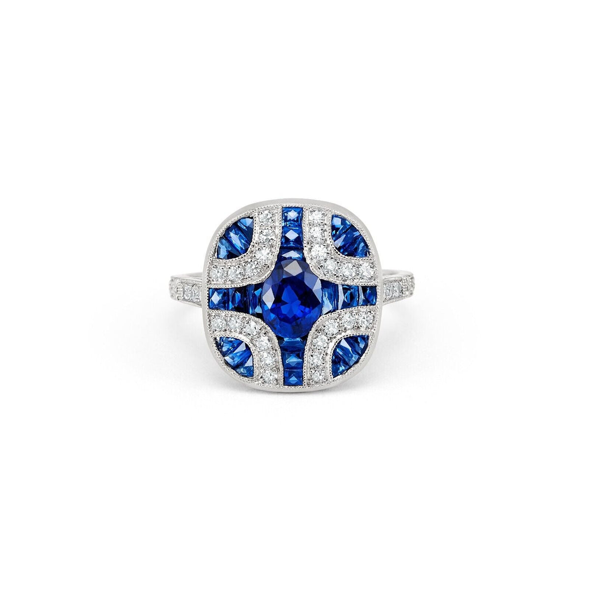 Art Deco Style Blue Sapphire Diamond Platinum Engagement Natural