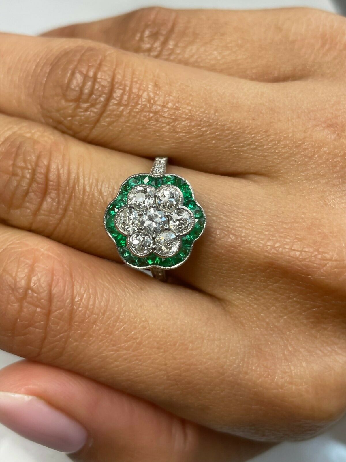 Platinum Diamond Flower Emerald Ring Cocktail Art Deco Certified Natural