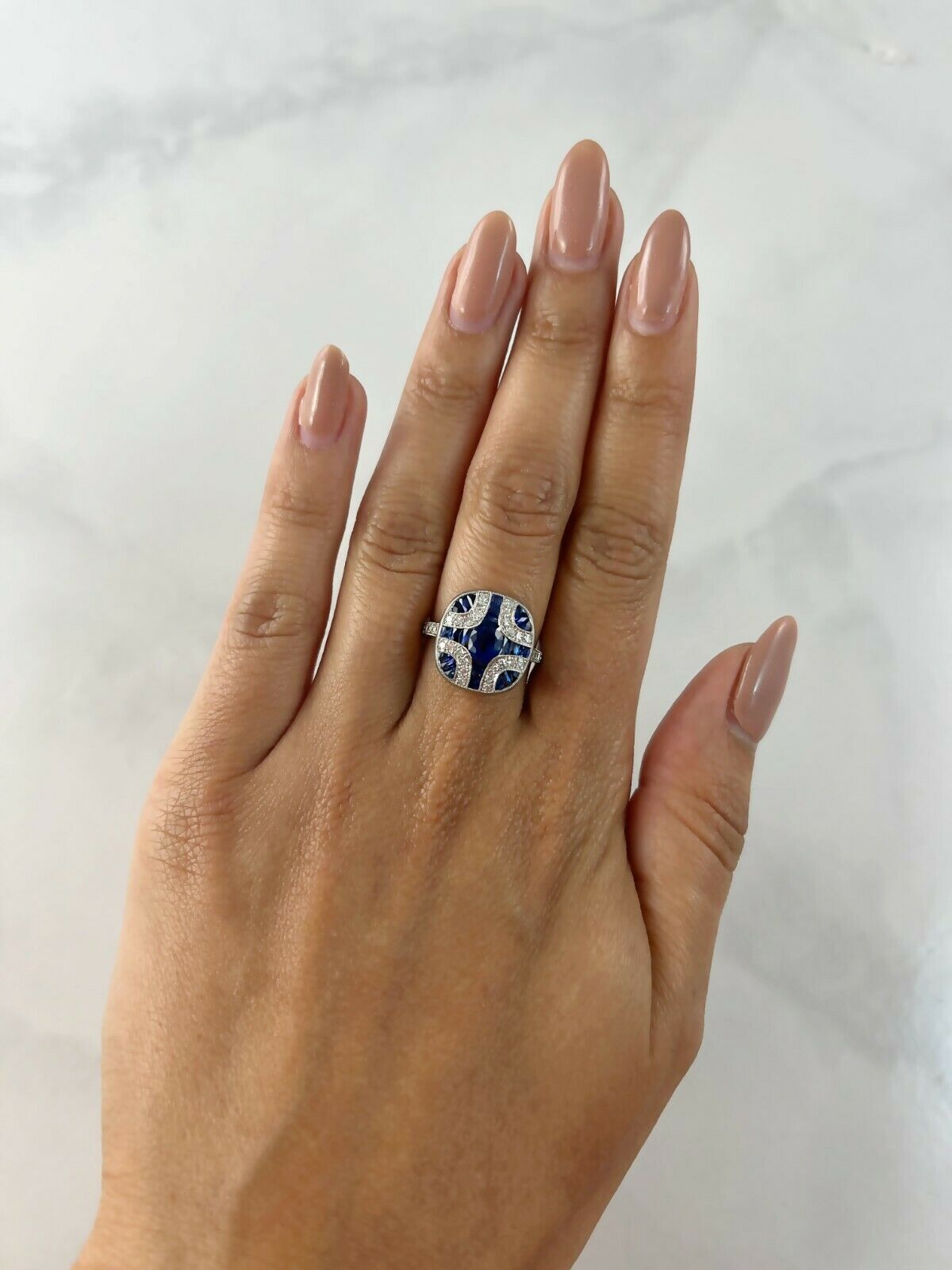 Art Deco Style Blue Sapphire Diamond Platinum Engagement Natural