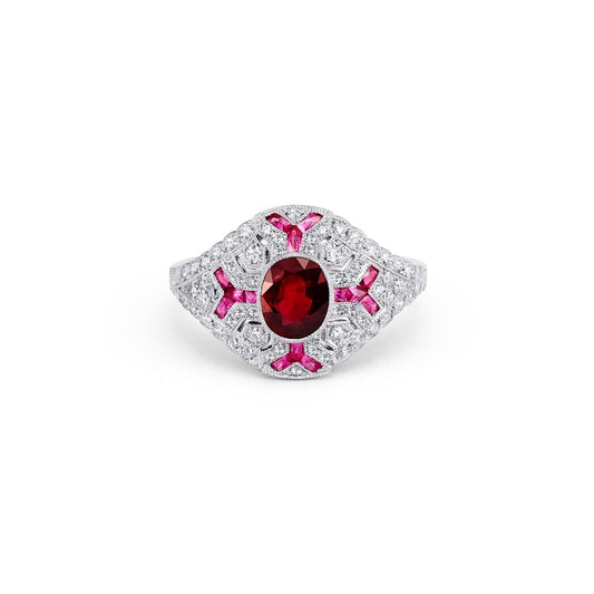 Art Deco Oval Ruby Diamond Platinum Engagement Ring