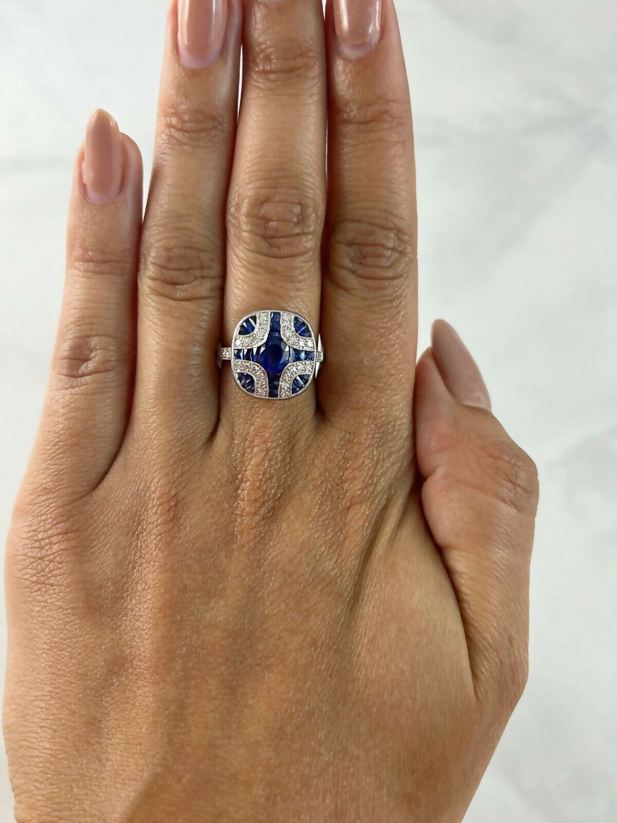 Art Deco Style Blue Sapphire Diamond Platinum Engagement Natural