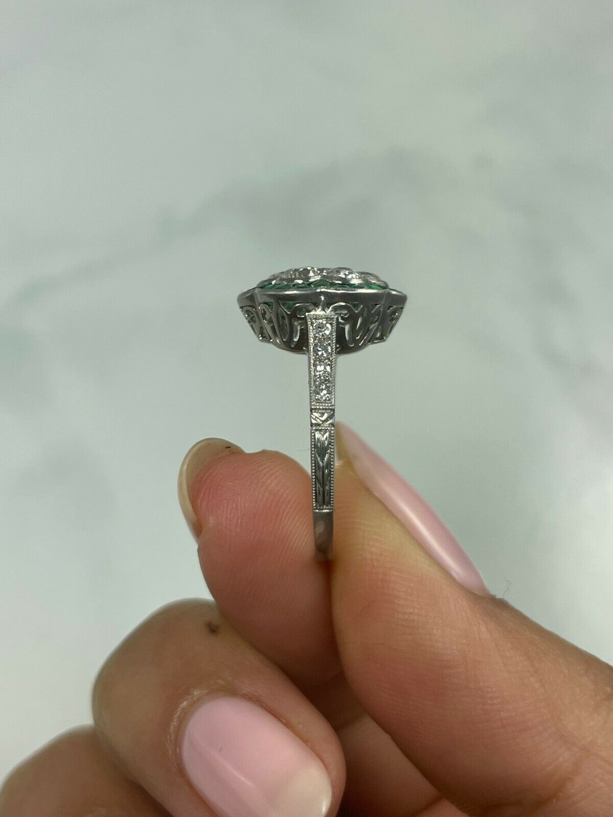 Platinum Diamond Flower Emerald Ring Cocktail Art Deco Certified Natural