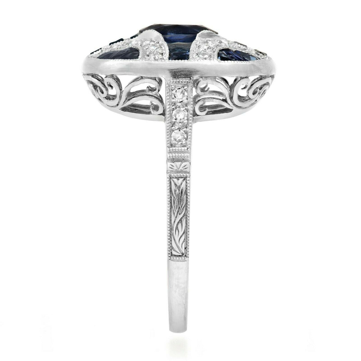 Art Deco Style Blue Sapphire Diamond Platinum Engagement Natural