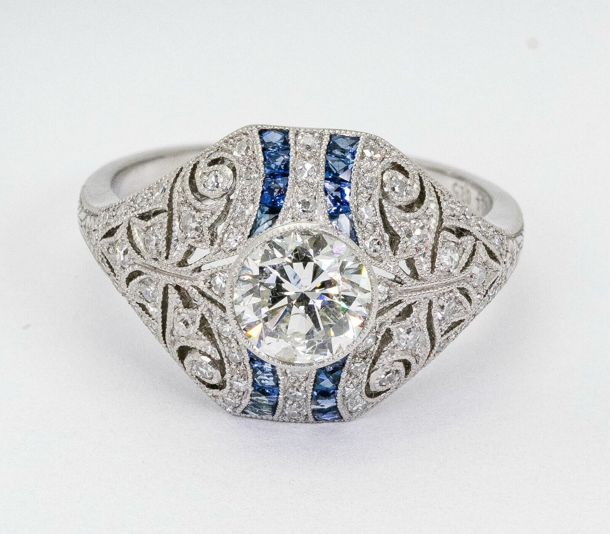 Diamond Blue Sapphire Art Deco Platinum Engagement Ring 1.30 CTW
