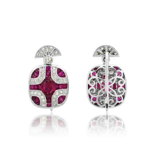 Art Deco Ruby Diamond Platinum Earrings Natural Handmade Certified