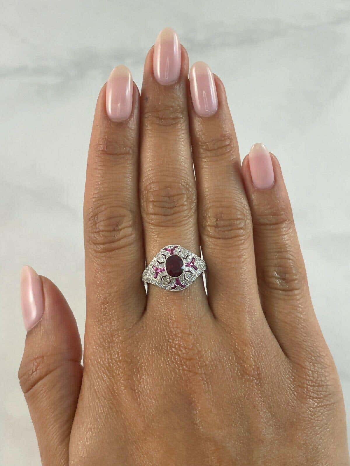 Art Deco Oval Ruby Diamond Platinum Engagement Ring