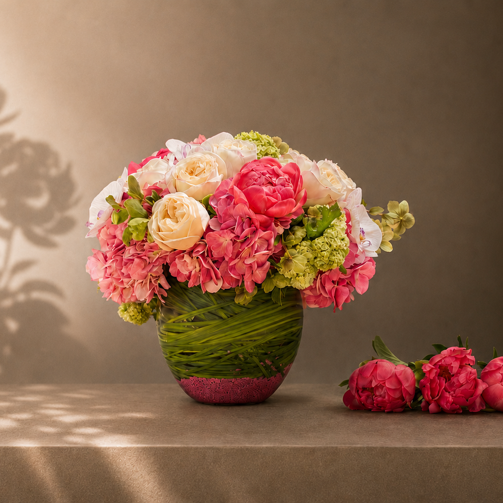 Bouquet of flowers in a green vase on a table with a neutral background