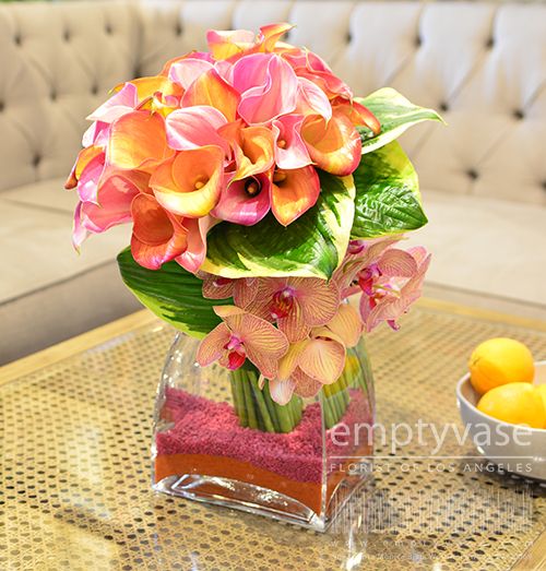 orange lily flower arrangement Calla Lilies and Phalaeonopsis Orchid