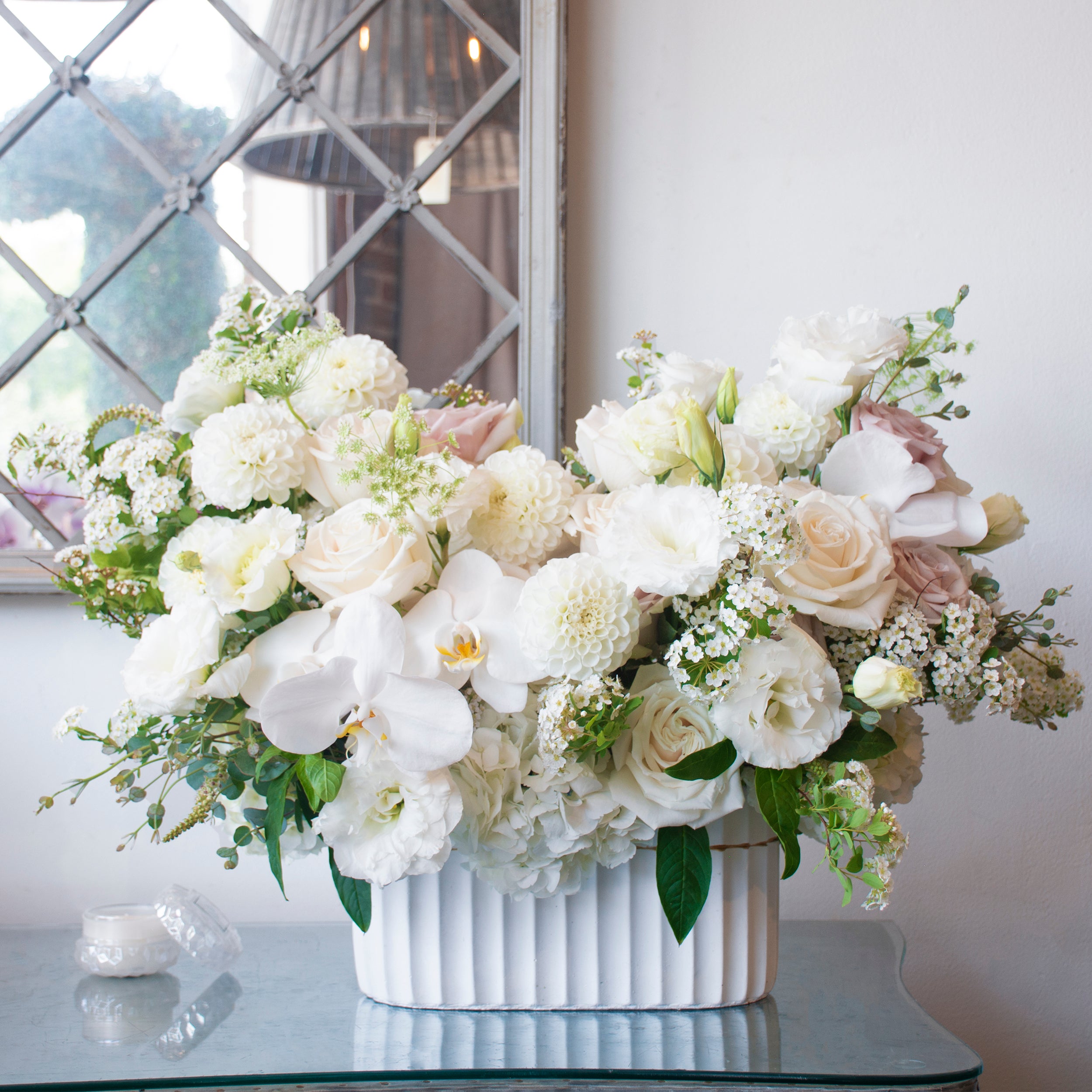 Roses, Dahlias, Lysianthus and Orchids - Empty Vase Floral Arrangement