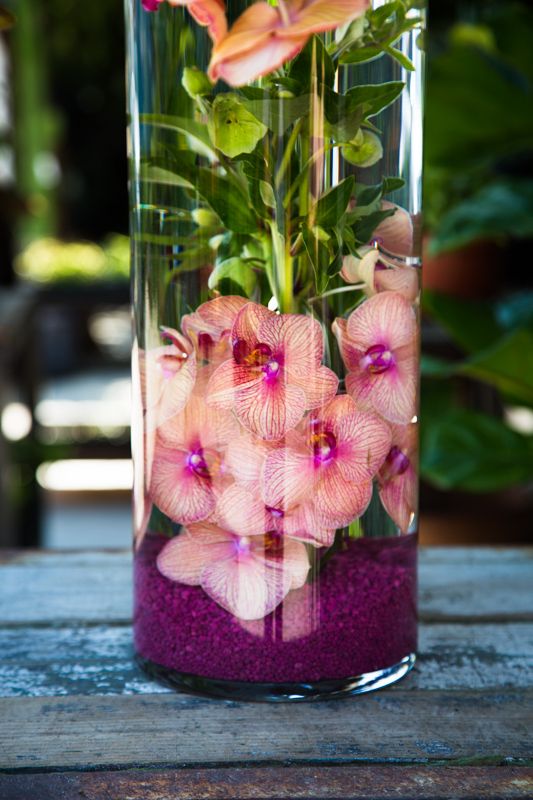 Orchids, Orange, Yellow and Empty Arrangement Floral Peach Roses- Vase