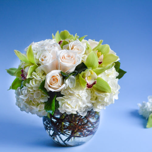 Mixed Whites Roses and Orchids Fishbowl